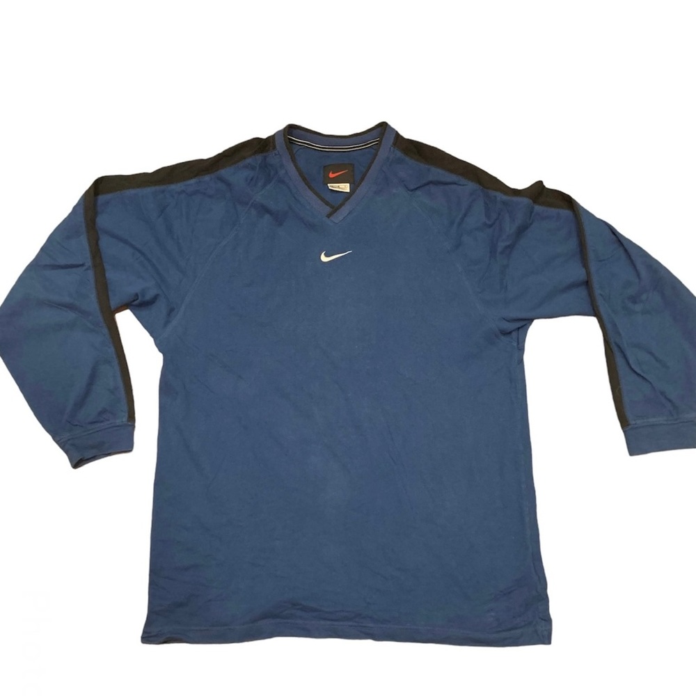 Vintage 90s Nike Center Swoosh V-Neck Striped Long Sleeve T-Shirt Mens L Blue